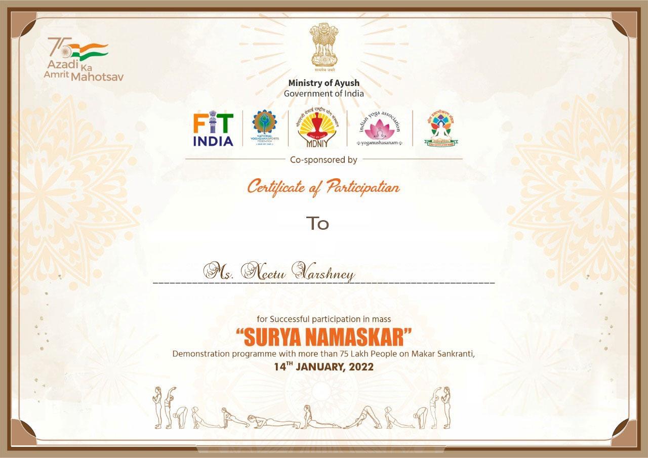 Mass Surya Namaskar Demonstration 2022 Certificate
